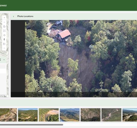 Screenshot of photo viewer with a landslide photo on the right and a map and table showing the location on the left.