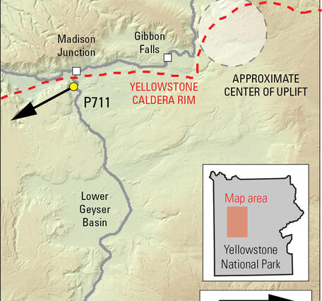Shaded relief map of Madison Junction area of Yellowstone with arrows showing motion of GPS stations away from uplift source