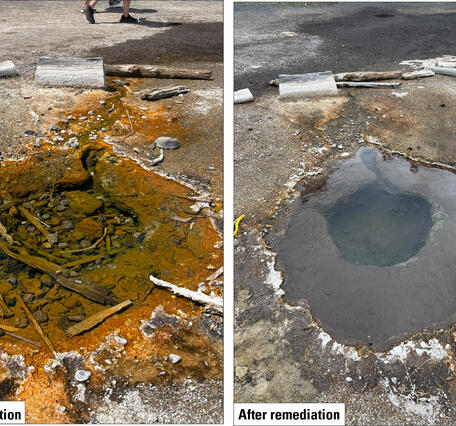The same hot spring shown with lots of sticks and rocks and red in color, and cleaned of debris and clear to gray in color