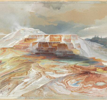 painting of reds, yellows, and blues along a terraced hot spring formation that is barren of vegetation