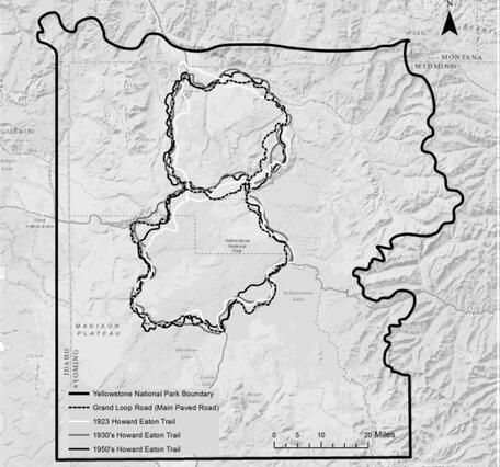 Shaded relief map of Yellowstone showing a figure-8 pattern of loops that represent the Howard Eaton trail pathway
