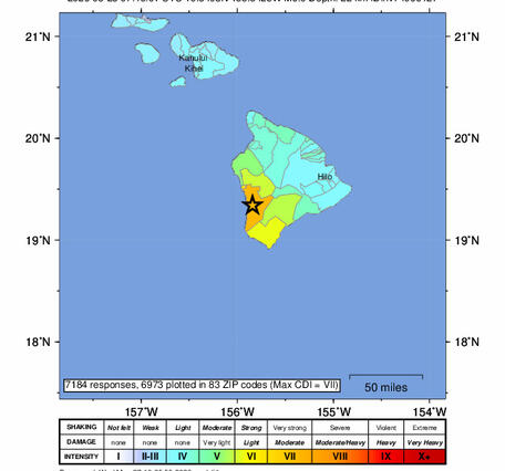 Color graphic showing intensity of earthquake shaking from felt reports 