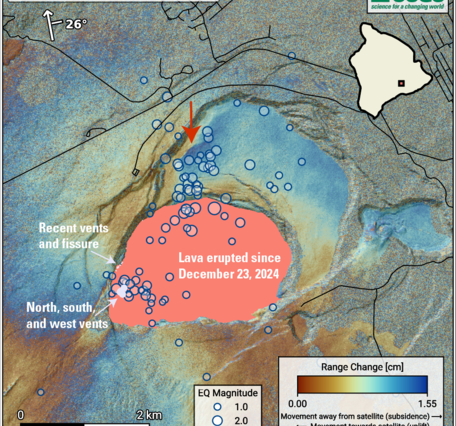Color map of earthquake locations and ground deformation
