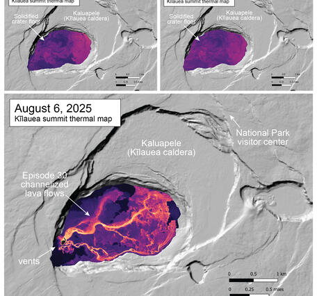 Color maps showing temperature of caldera floor where there is an ongoing eruption