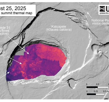 Color map showing temperature of crater floor where volcanic eruption recently occurred