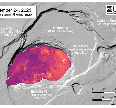 Color thermal map indicating that the floor of crater is all warm, and areas of recent flows are hottest. 