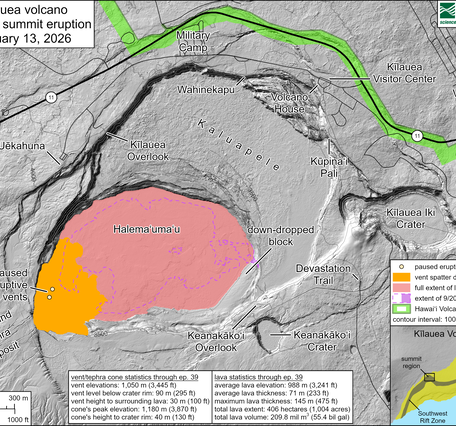 Color map showing area recently affected by eruption