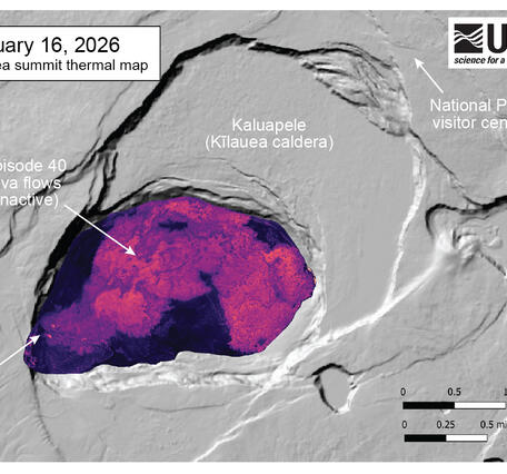 Color map showing temperature of lava on crater floor after recent eruption