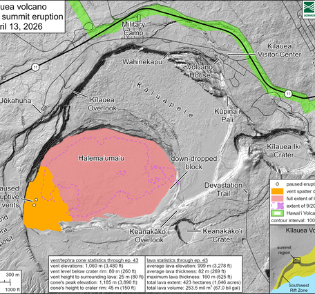 Color map showing area covered by lava flows in recent volcanic eruption