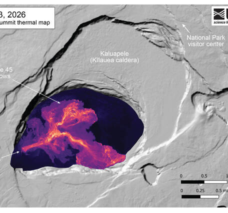 Color map showing the temperature of new lava flows on the floor of a crater shortly after an eruption ended