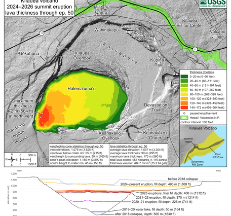 Color map showing eruption area and lava thickness within volcanic crater