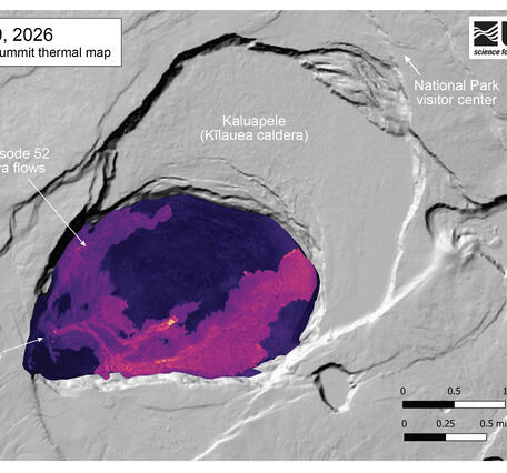 Color map of recent eruption area showing area of warmer lava flows