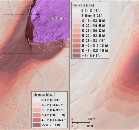 Color maps showing the thickness of a volcanic deposit