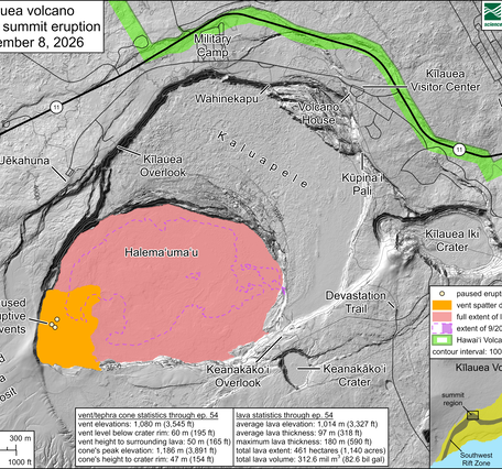 Color map of caldera at summit of volcano where recent eruption occurred