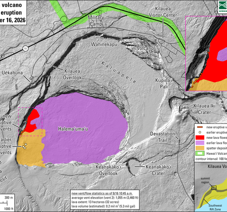 Color map showing recent eruption area at summit of volcano