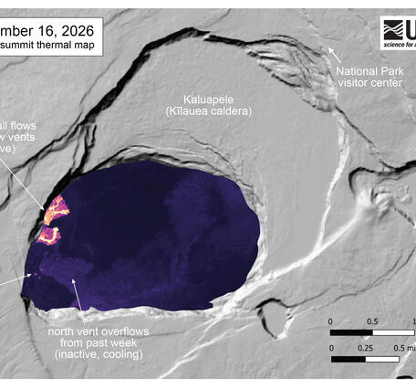 Color map showing crater floor temperature and area of new lava flows