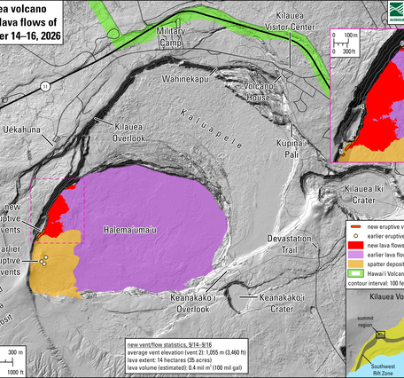 Color map showing eruption at summit of volcano