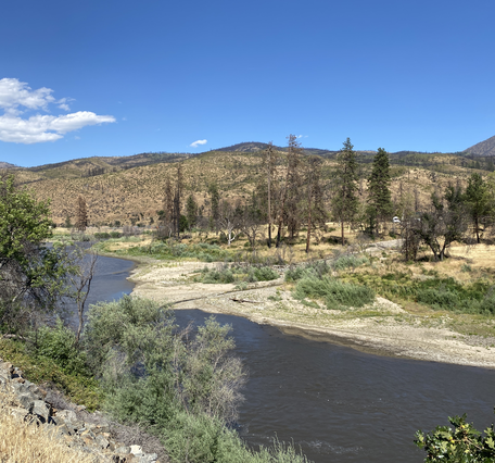 Dry mountain with a few trees near a river