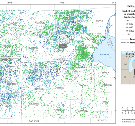 Description: Maps showing the distribution of wells completed in glacial deposits used to create maps of hydrogeologic information and a three-dimensional volumetric model for the glacial deposits.