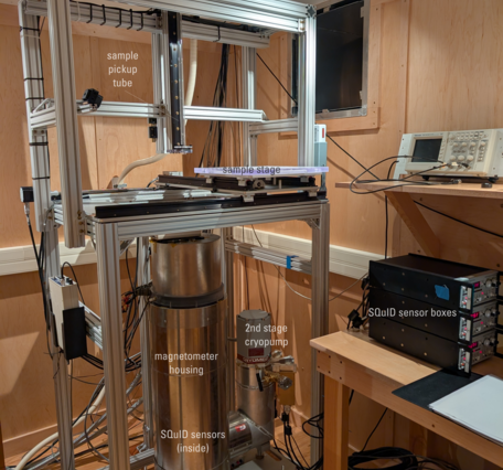 A silvery scientific instrument in a wooden room. The instrument consists of two open frameworks of slotted gray aluminum bars, in which is a large silver cylinder with another off to it side. Cables and tubes snake out of the instrument to power outlets, motor boxes, and sensor boxes. The instrument is tall and protrudes into an opening in the roof of the room.