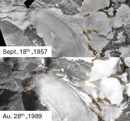 Time series imagery (1957, 1989, 2018) shows the progressive disconnection of tributary branches from Lemon Creek Glacier.