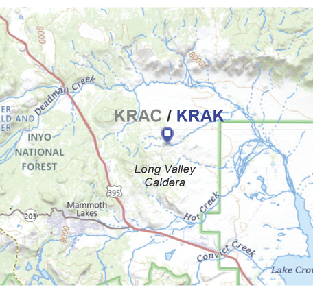 This shaded relief map shows the Long Valley Caldera, Lake Crowley, and the town of Mammoth Lakes. Highway 395 cuts diagonally across the caldera from northwest to southeast. In the center of the map, a label shows the location of GPS station KRAC/KRAK.