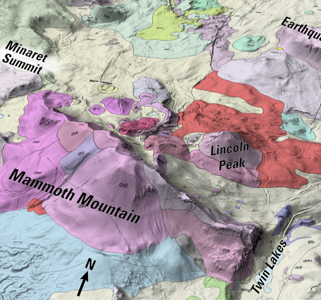 An oblique 3D geologic map of Mammoth Mountain shows lava domes in pink, lava flows from Lincoln Peak in red, and the surrounding terrain in shades of yellow and light blue