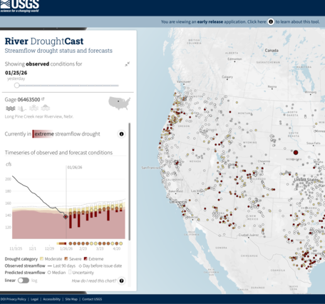 Screenshot of River DroughtCast showing lower 48 US and example timeseries