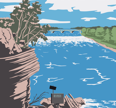 Vintage-style poster of St. Anthony Falls on the Mississippi River showing a streamgage in the foreground. 