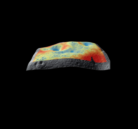 Map of the moon showing likely locations of ice near the south pole. Blue locations are more likely, and red, less so.