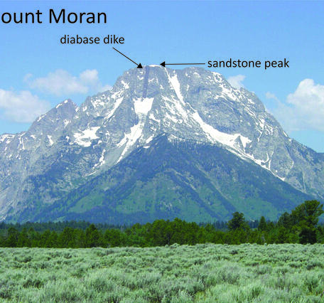 large mountain with patchy snow under blue sky and sagebrush and some low trees in the foreground