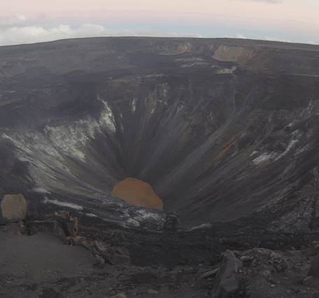 Animated GIF showing rockfall into crater lake