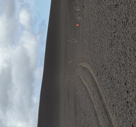 Color photograph of volcanic landscape with tire tracks
