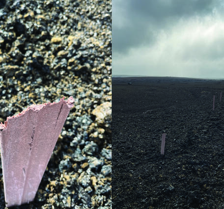 Color photograph of damaged post in fragmented material; posts along road of fragmented material
