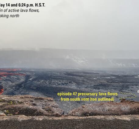 Annotated photograph of active and inactive lava flows