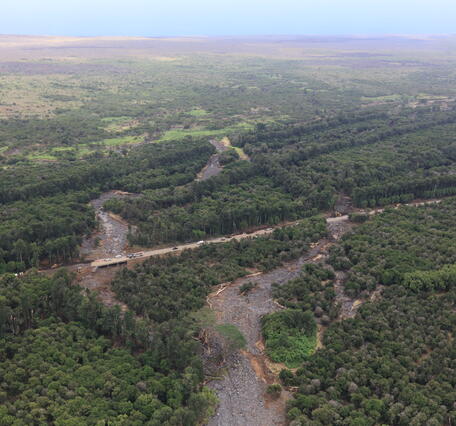 Color photograph of highway and flood-damaged areas