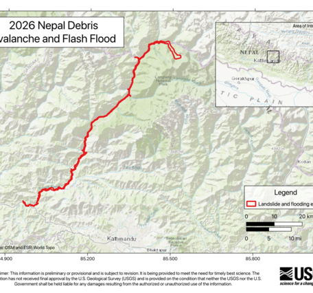 Map of the landslide and flooding extent of the 2026 Nepal Debris Avalanche and Flash Flood
