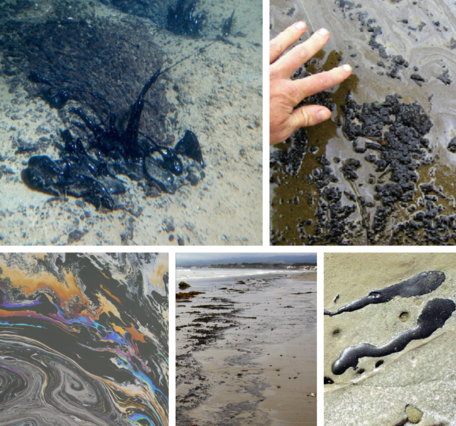 Collage of images showing natural offshore oil seepage on the California Coastline