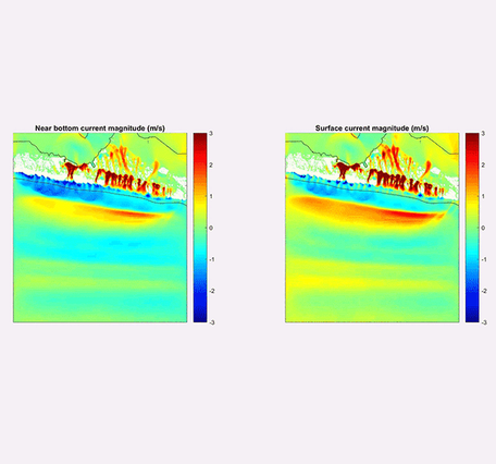 A short animation contrasts the difference between near-bottom current magnitude and surface current magnitude, showing waves of