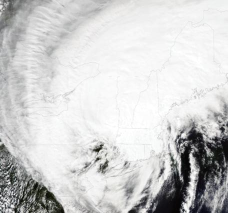 Satellite photo shows the center of Tropical Storm Irene passing over New England