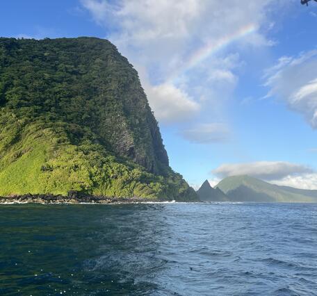 Color photo of a large green cliff on an island towering over the blue ocean. 