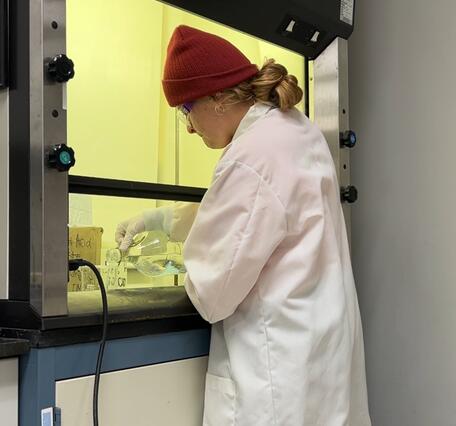 Scientist conducting experiment in fume hood in water quality laboratory