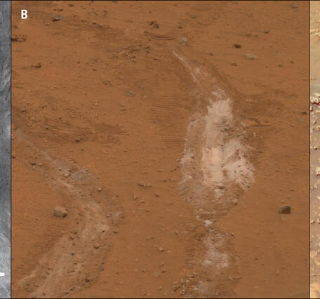 Three panel figure: black and white surface of Mars; red ground with white streak; red ground with small scattered rocks