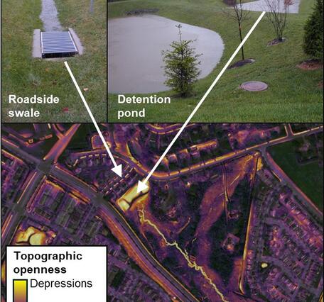 Photos of roadside swale and second photograph of detention pond with arrows pointing to depressions on geospatial dataset