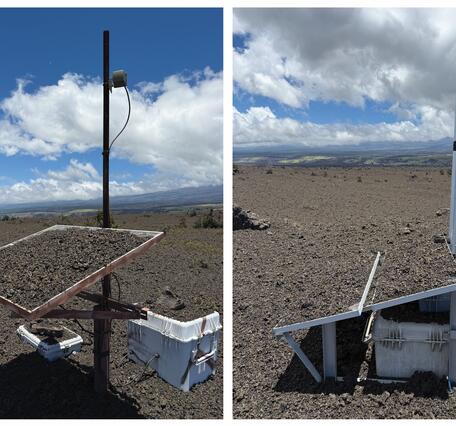 Color photographs showing volcano monitoring equipment covered with tephra