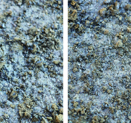 Color photograph comparing a piece of rock before and after being crushed