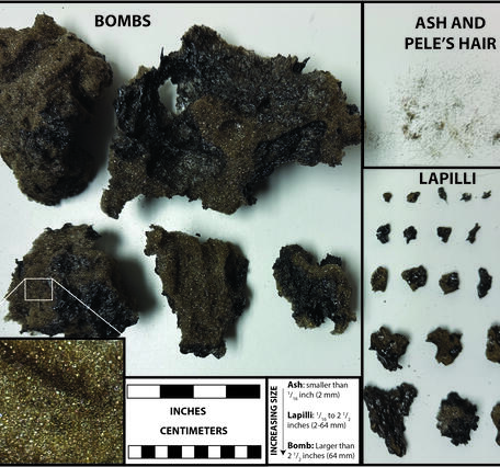 Color photograph of tephra clasts outlined by size