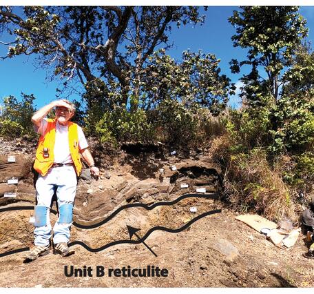 Geologist stands near an outcrop of volcanic fallout with trees growing on it