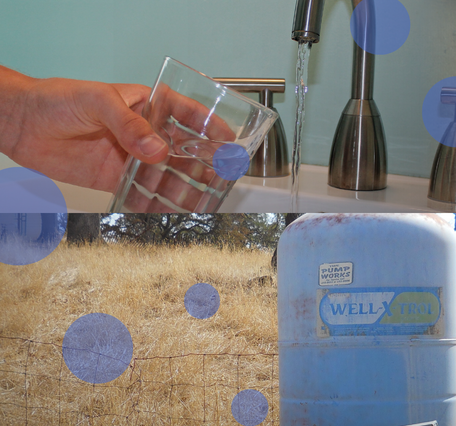 Photo showing a glass being filled with water from a faucet, along with a water well tank.