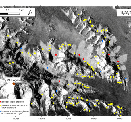GIF of radar backscatter satellite imagery showing the change in surface roughness before and after the earthquake 